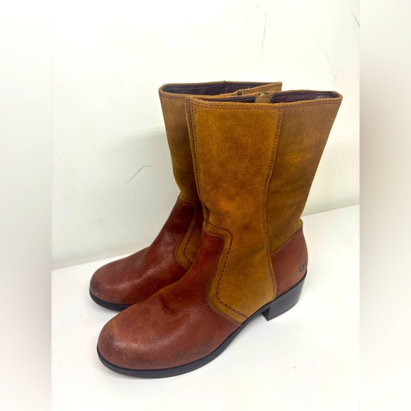 UGG Lou Two Toned Leather Round Toe Zip Up Flat Tall Boots Brown Auburn 8 - Picture 1 of 5